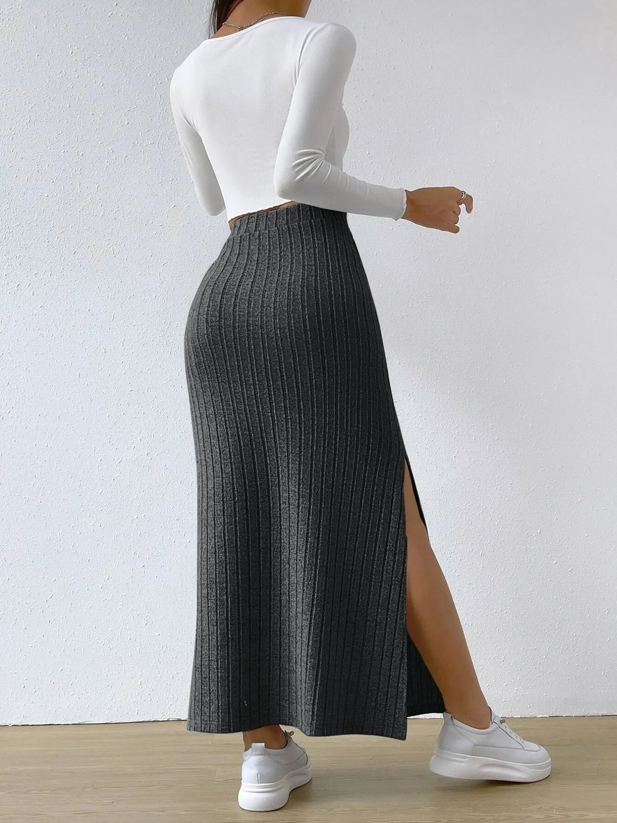 High Waist Ribbed Knit Maxi Skirt