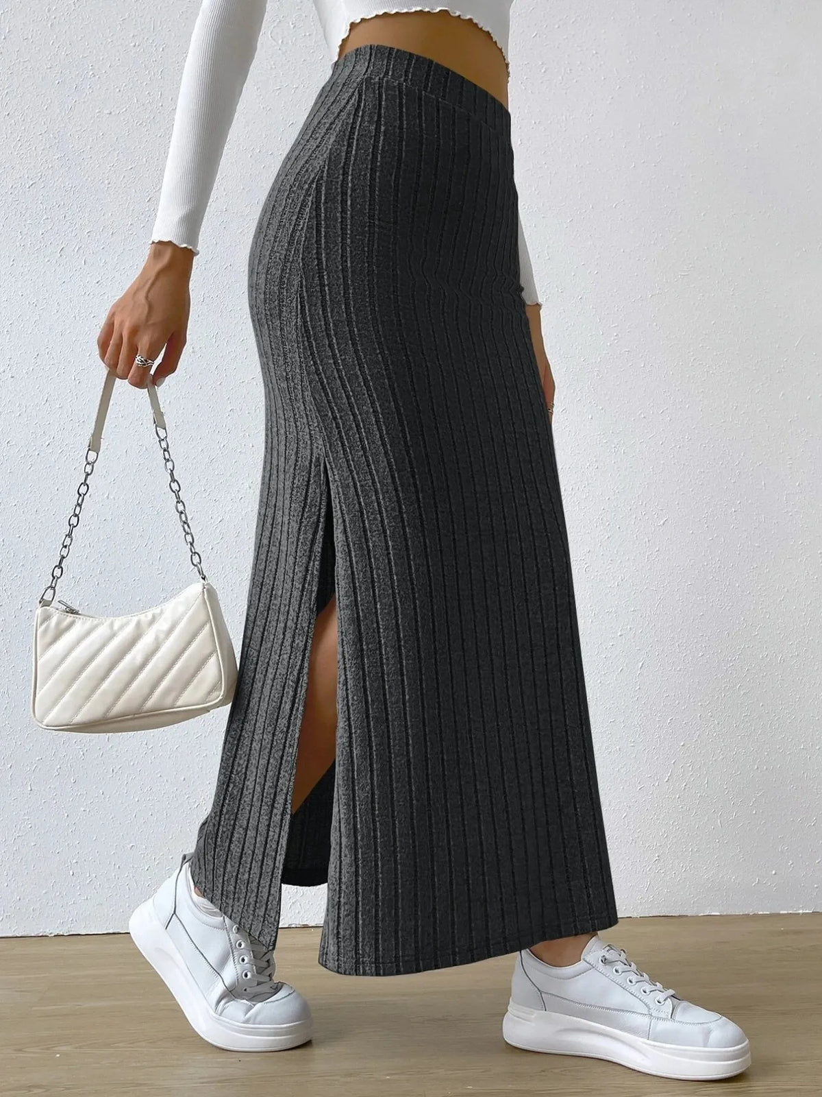 High Waist Ribbed Knit Maxi Skirt