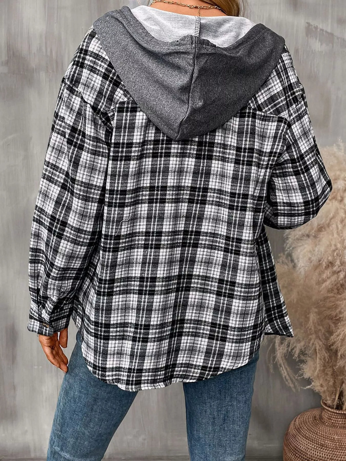 Hooded Plaid Button-Up Shirt