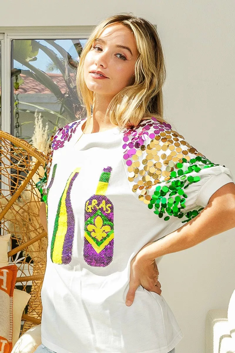 BiBi Sequin Mardi Gras Bottles Spangled Sleeve Top