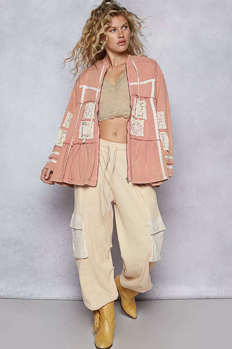 POL Embroidered Patch Hooded Jacket with Lace Detail