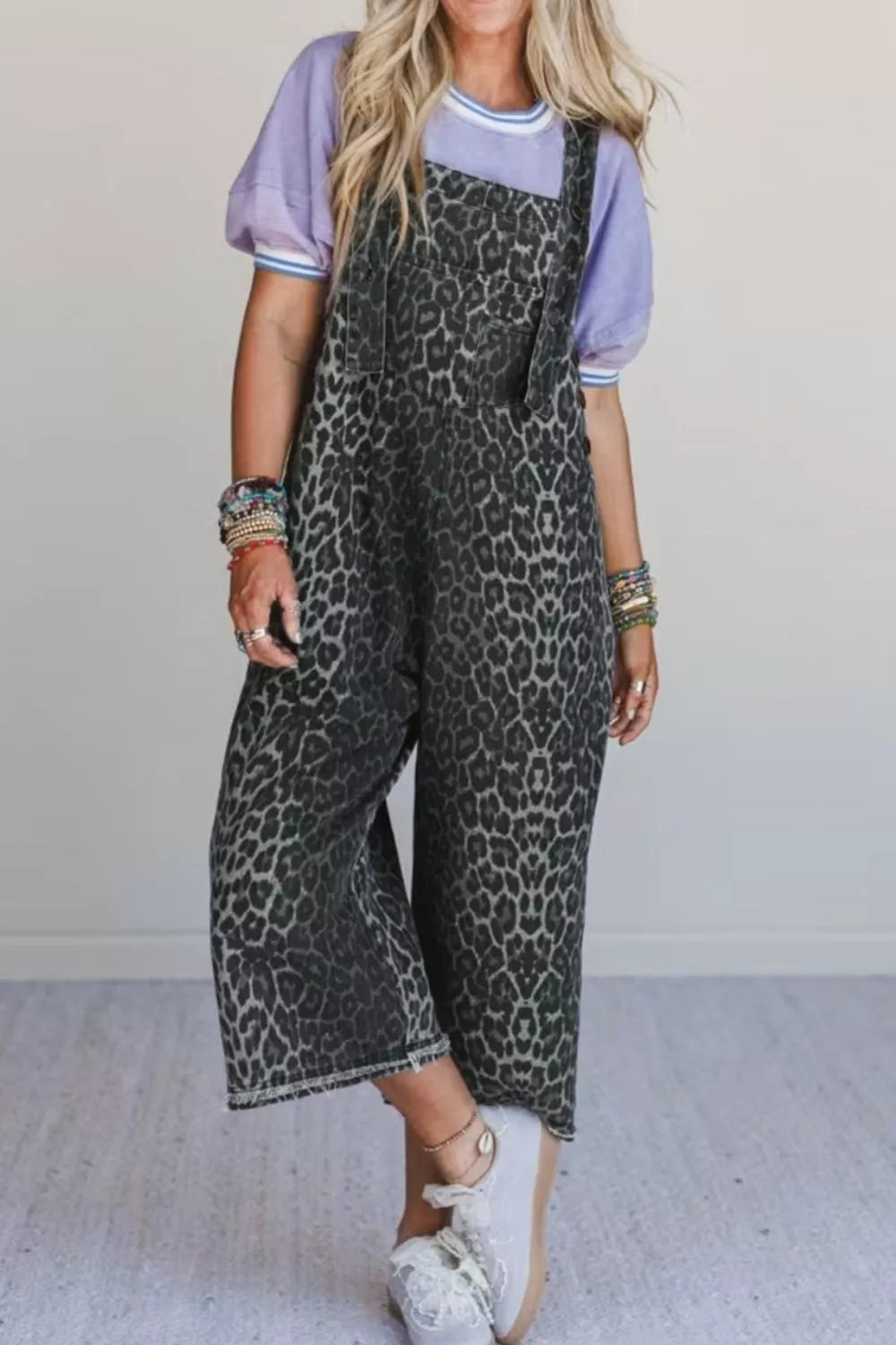 Leopard Print Button Adjustable Straps Cropped Loose Denim Overalls