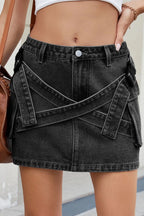 Criss-Cross Waist Detail Denim Mini Skirt