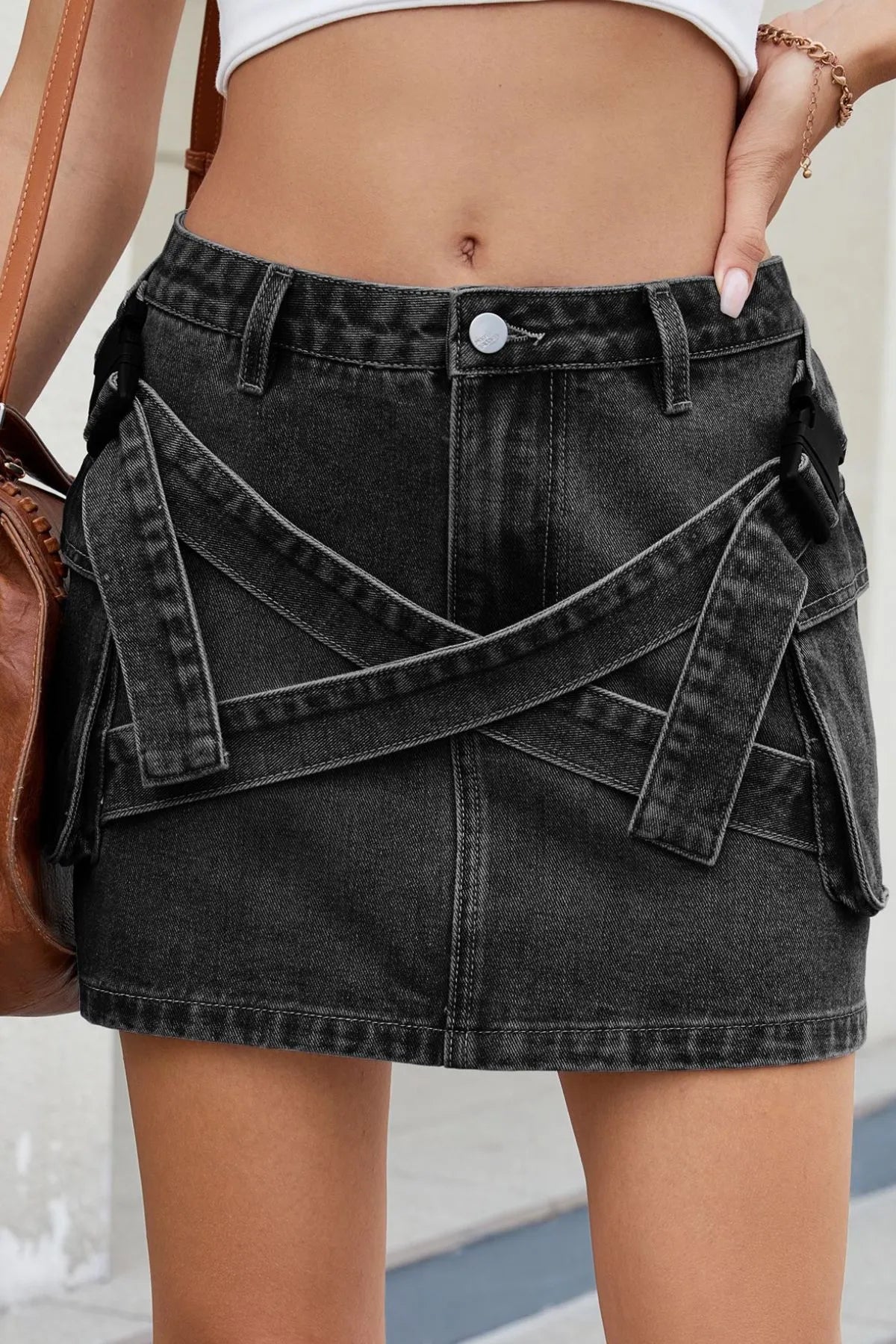 Criss-Cross Waist Detail Denim Mini Skirt