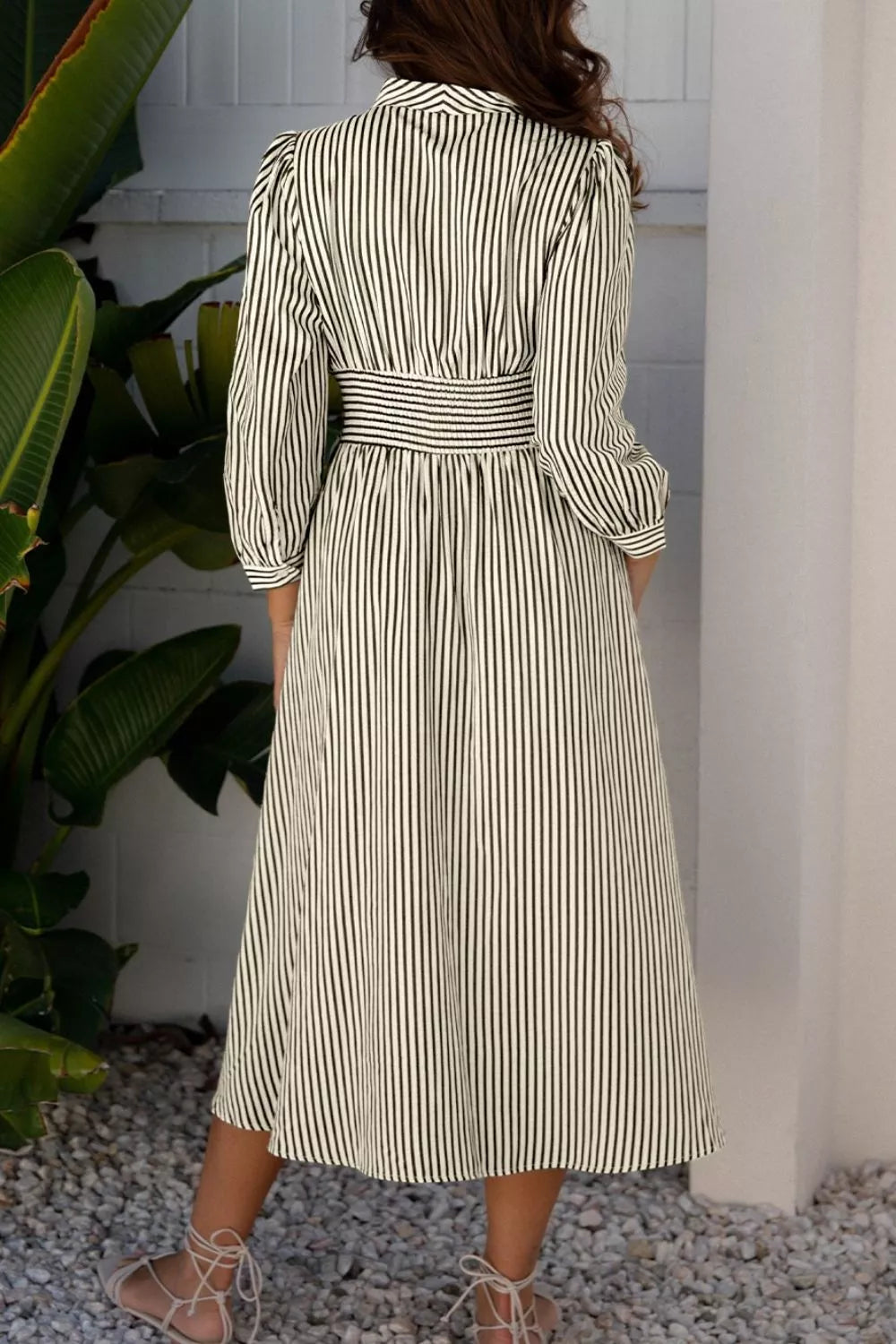 Stripe V Neck Zip Front Cinched High Waist Midi Dress