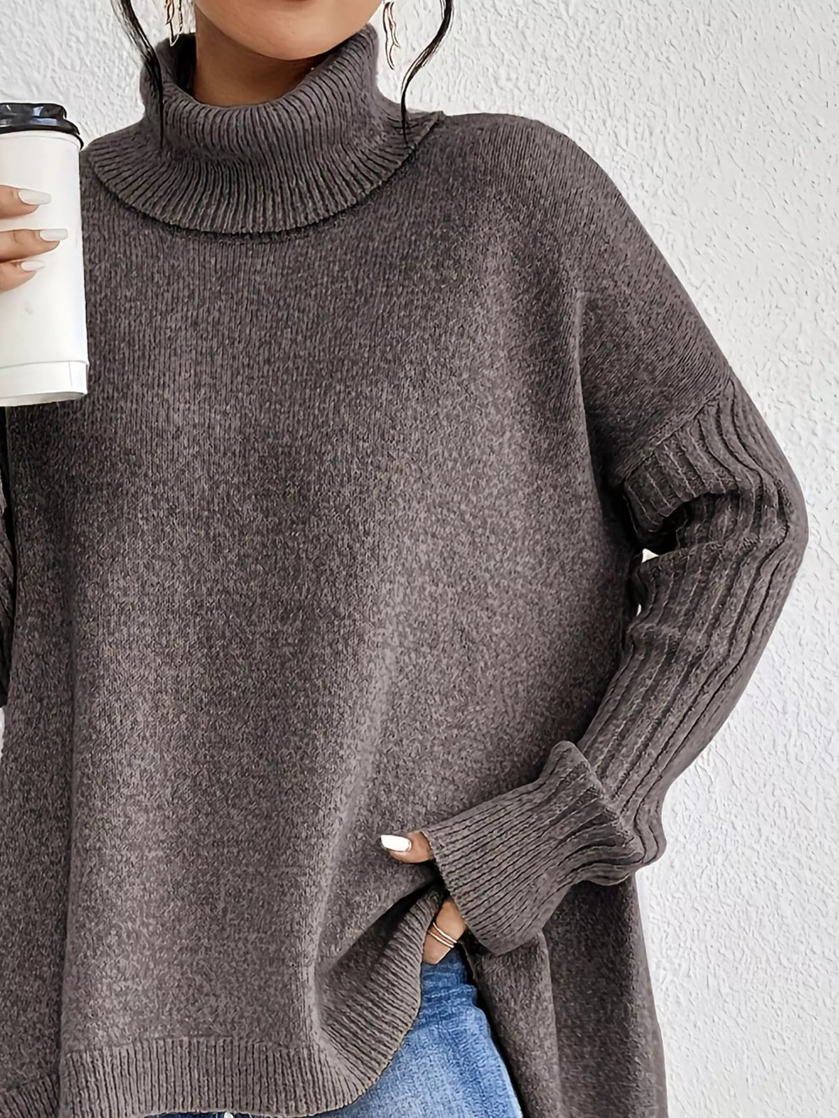 Turtleneck High-Low Hem Sweater