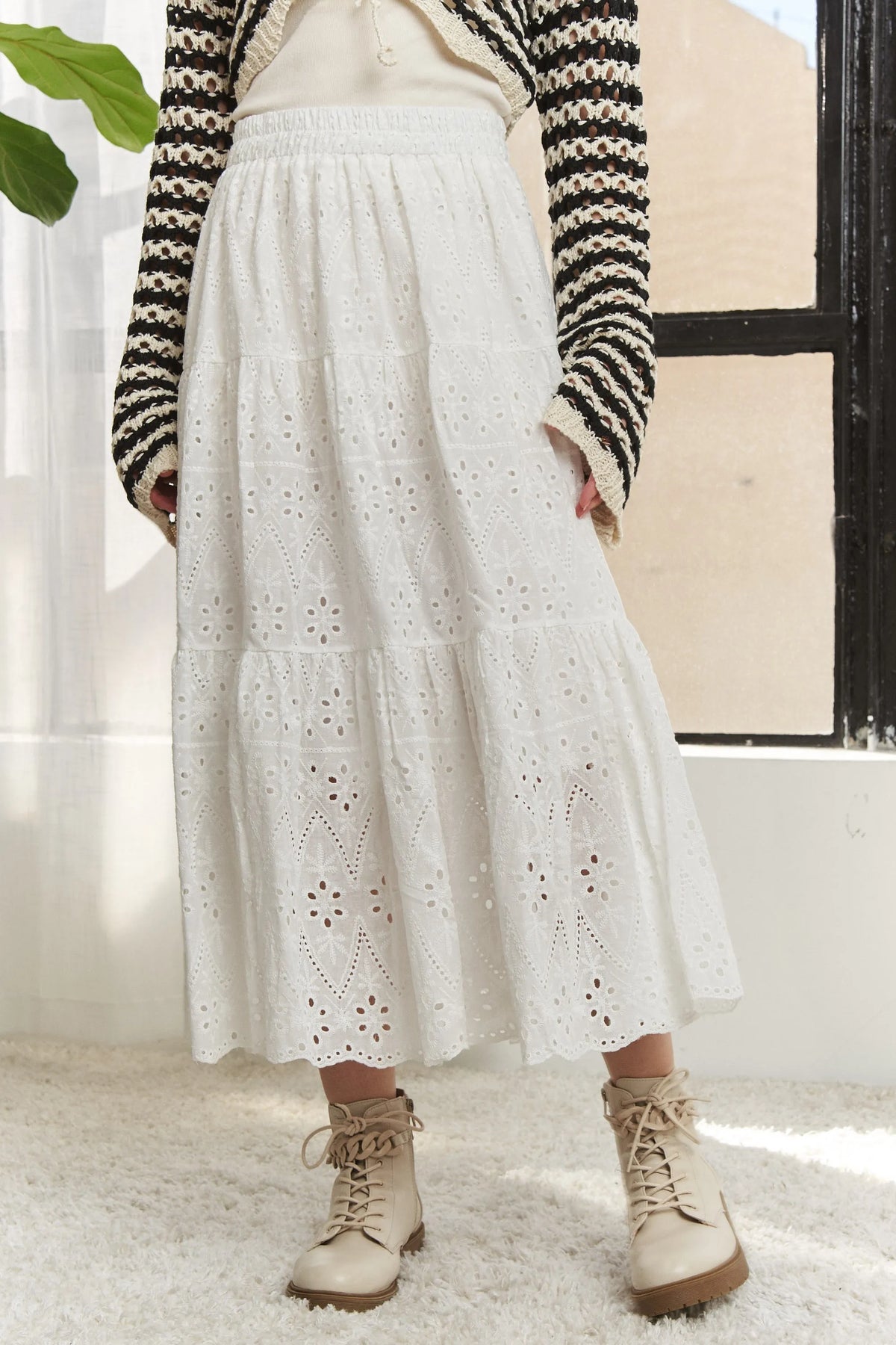 ADORA Elastic Waistband Tiered Midi Skirt