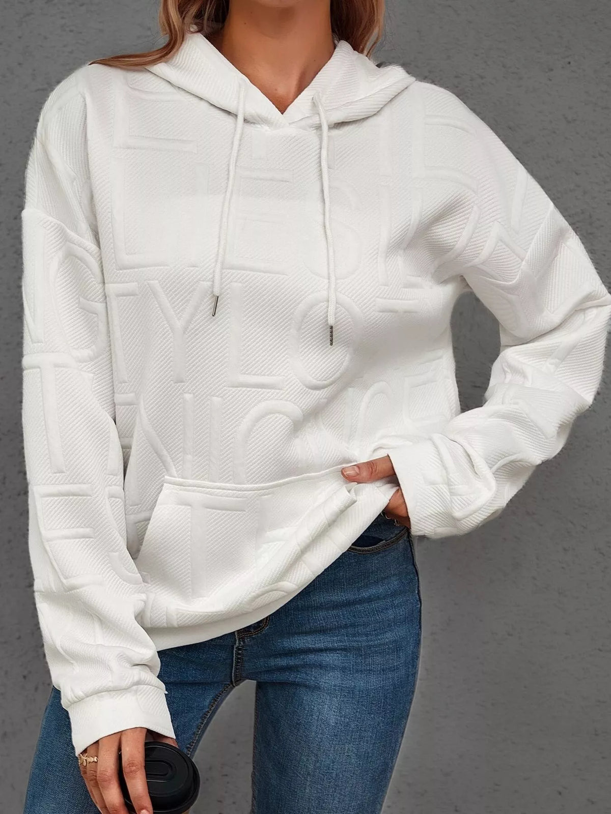 Full Size Textured Embossed Long Sleeve Hoodie Plus Size