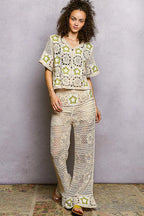 POL Openwork Crochet Flare Pants with Contrast Star