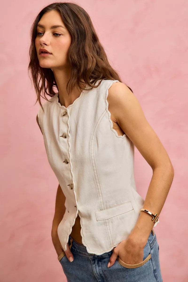 SO ME Scalloped Edge Cotton Twill Washed Vest Top