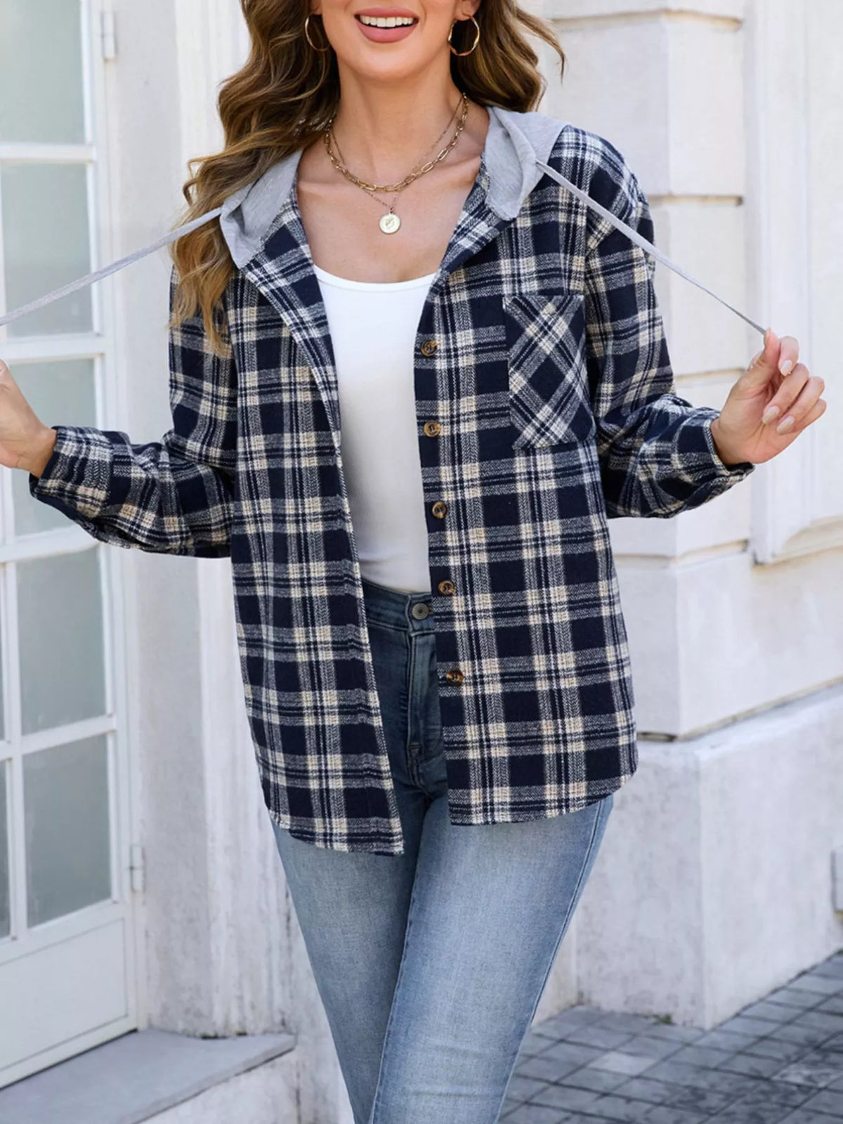 Hooded Plaid Button-Up Shacket
