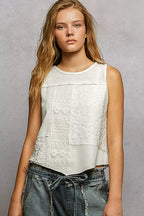 POL Ribbed Round Neck Cropped Tank with Lace Detail