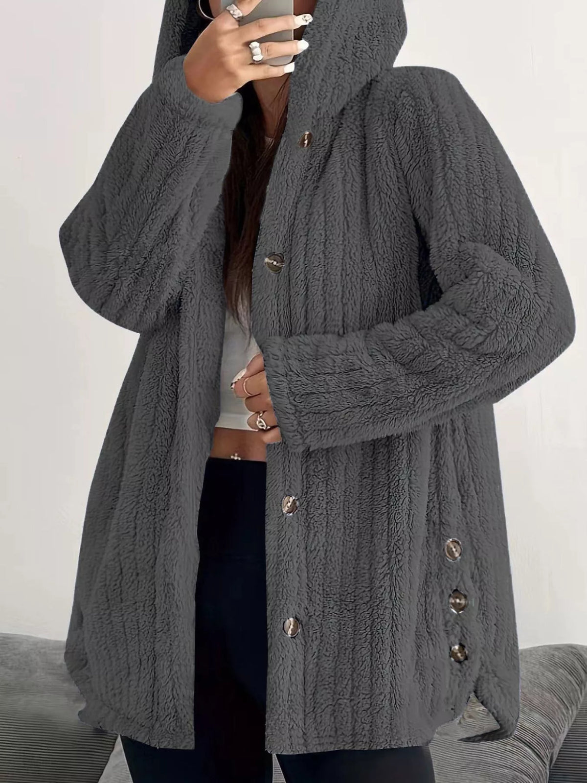 Full Size Fleece Button Up Hooded Outerwear Plus Size