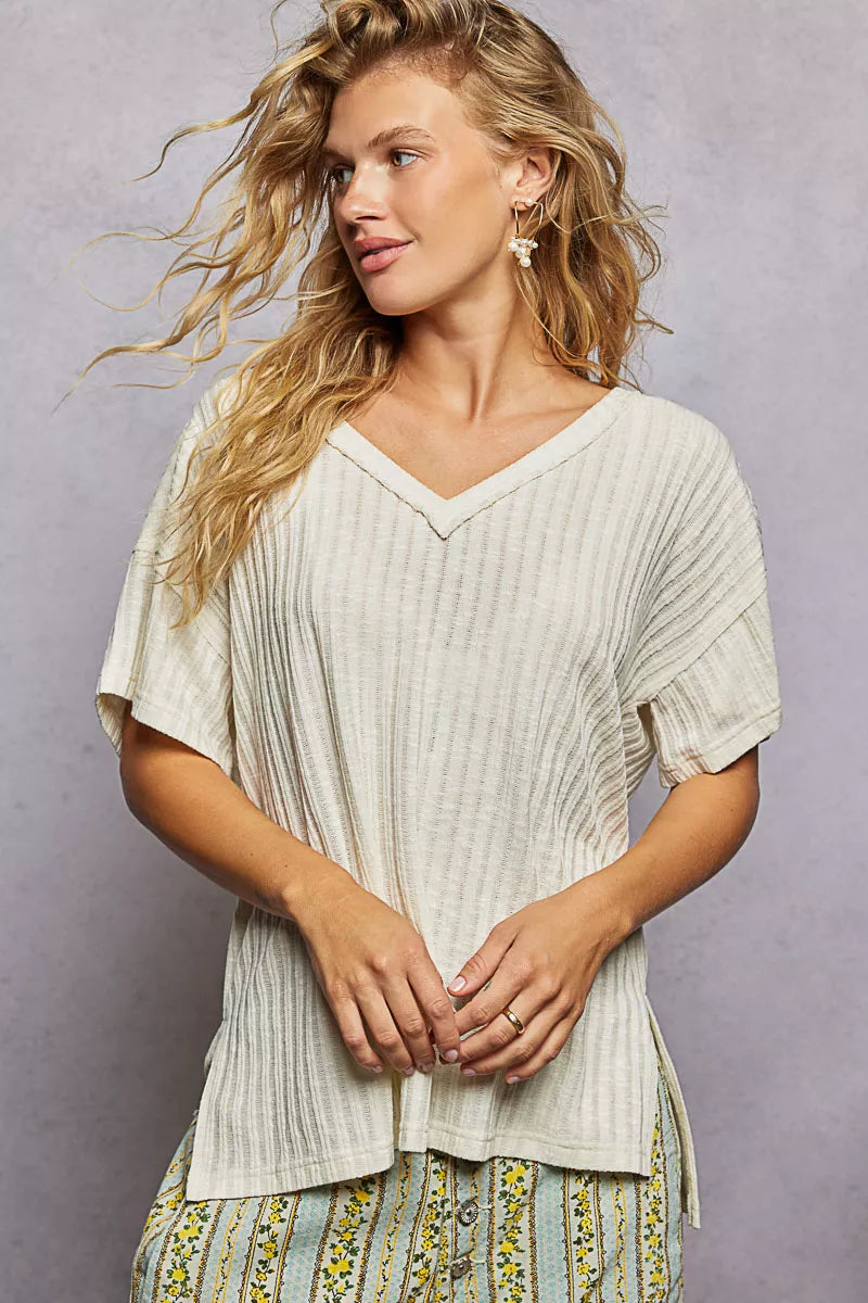POL Ribbed Knit V-Neck Short Sleeve T-Shirt with Side Slit