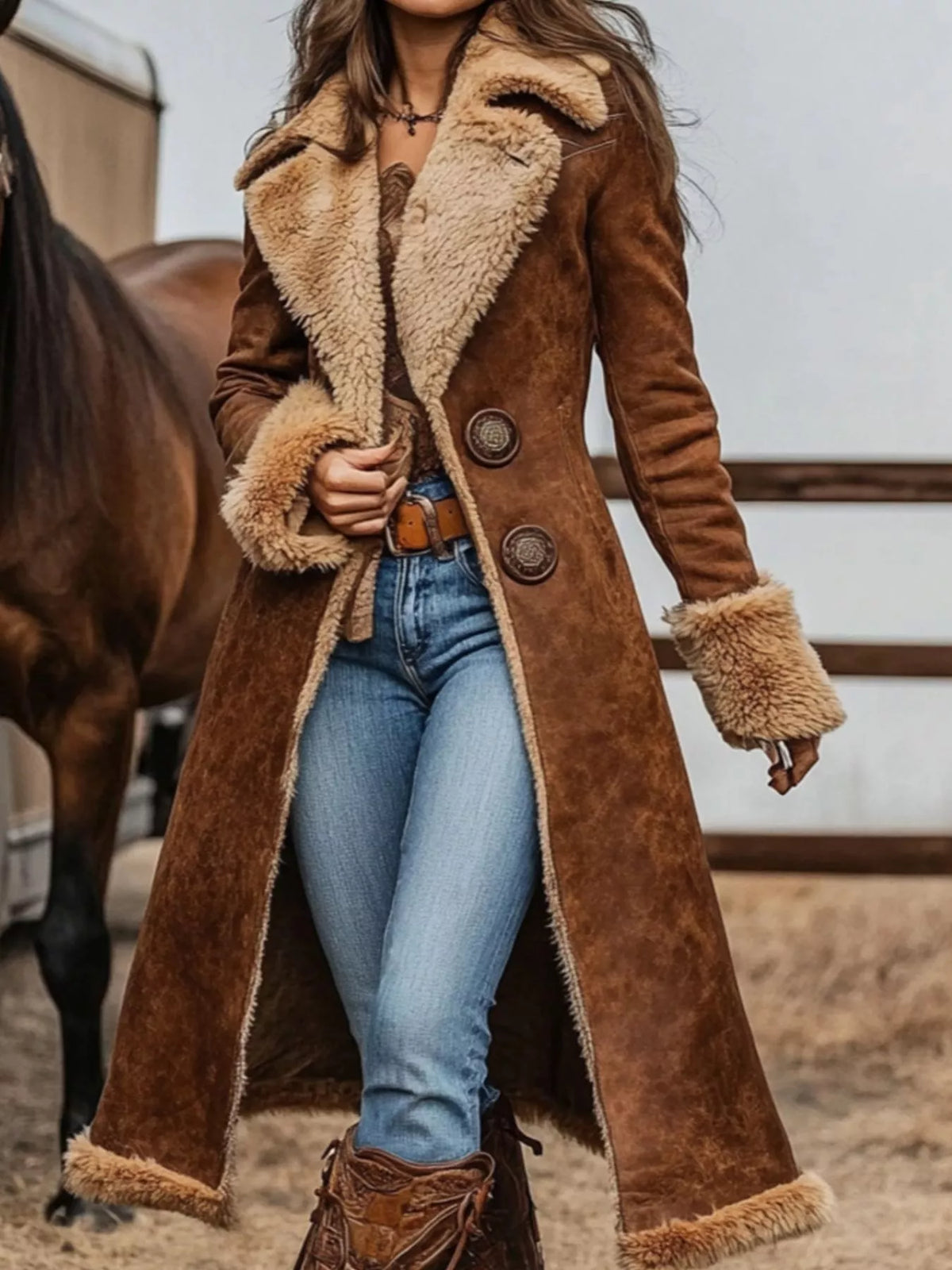 Full Size Vintage Faux Fur Trim Longline Coat Plus Size