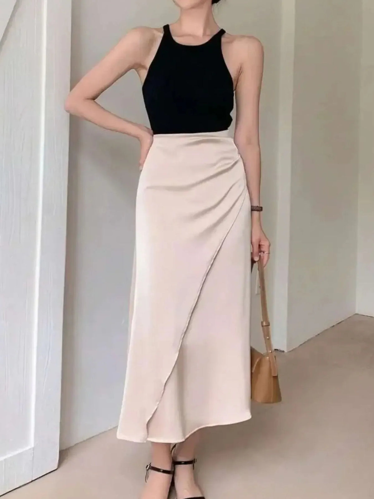 Asymmetric Wrap Midi Skirt with Fluted Hem