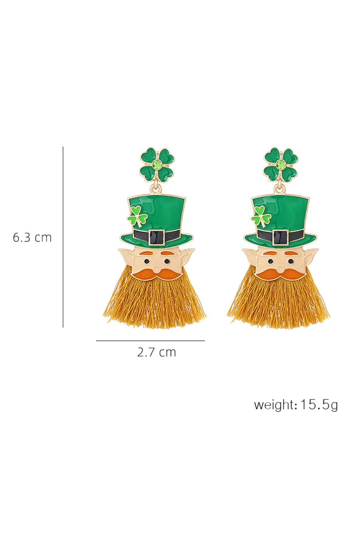 Green St Patricks Day Clover Leprechaun Tassel Drop Earrings