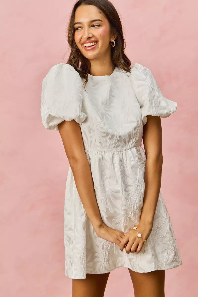 SO ME Floral Jacquard Bubble Shorts Sleeves Mini Dress