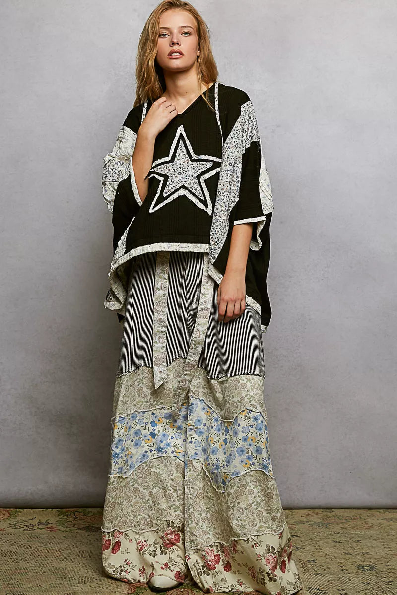 POL Floral Star Patch Hooded Blouse with Lace Contrast Detail