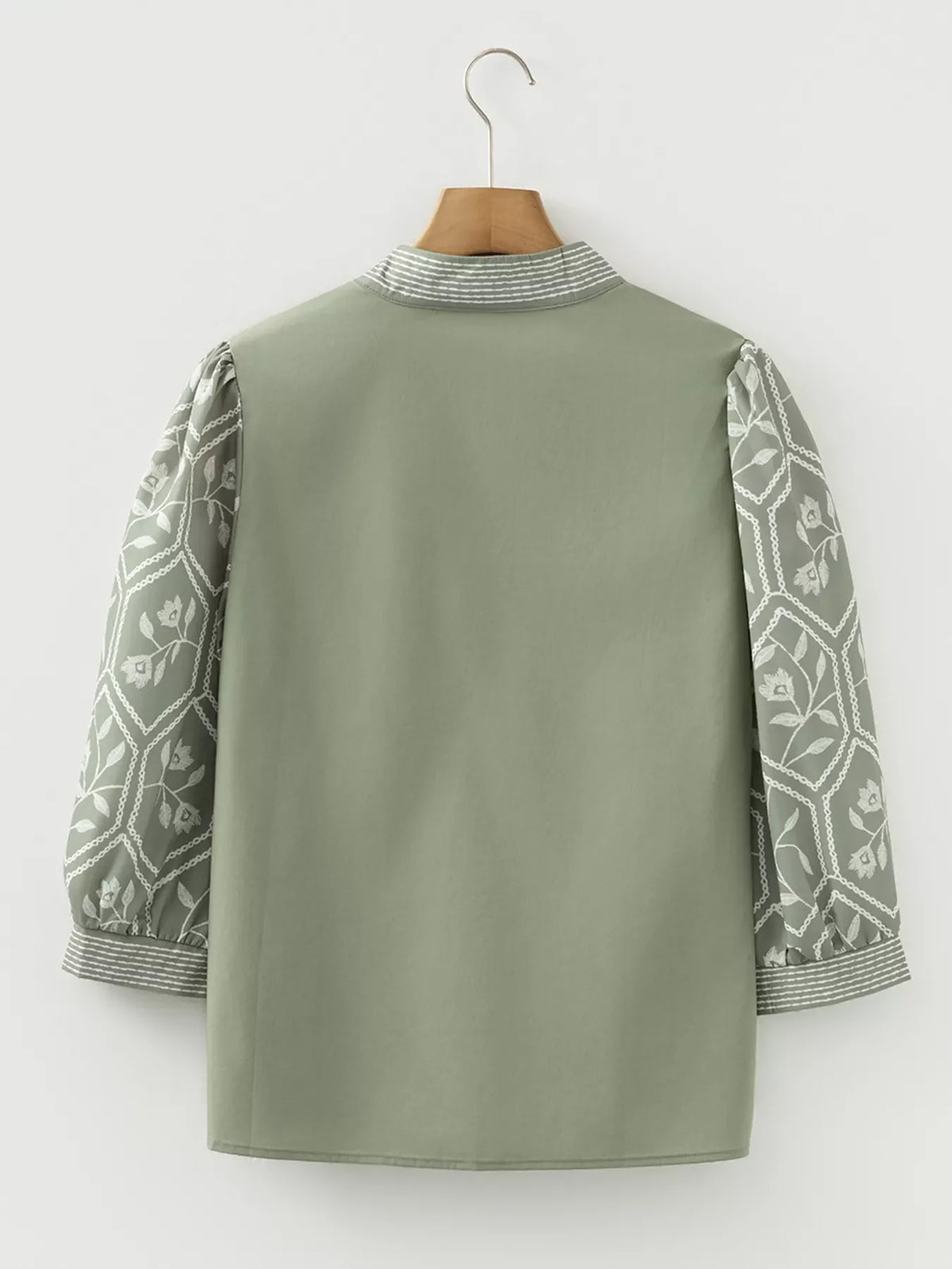 Floral Puff Sleeve Contrast V Neck Patchwork Blouse
