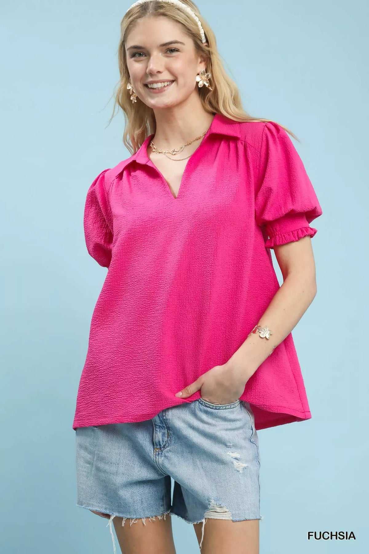 Umgee Seersucker Puff Sleeve Blouse