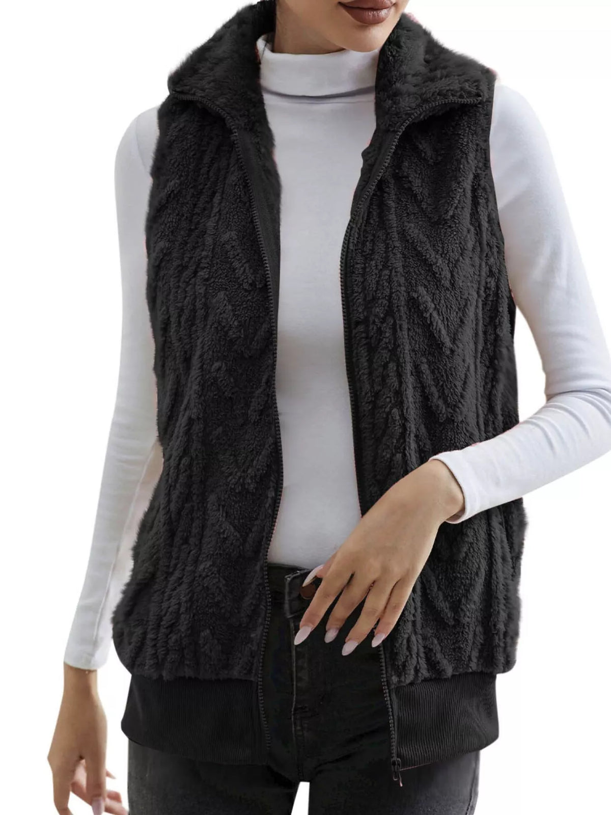 Full Size Cozy Faux Fur Zip-Up Vest Coat Plus Size