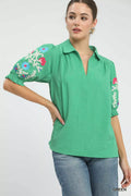 Umgee Seersucker Embroidered Sleeve Blouse