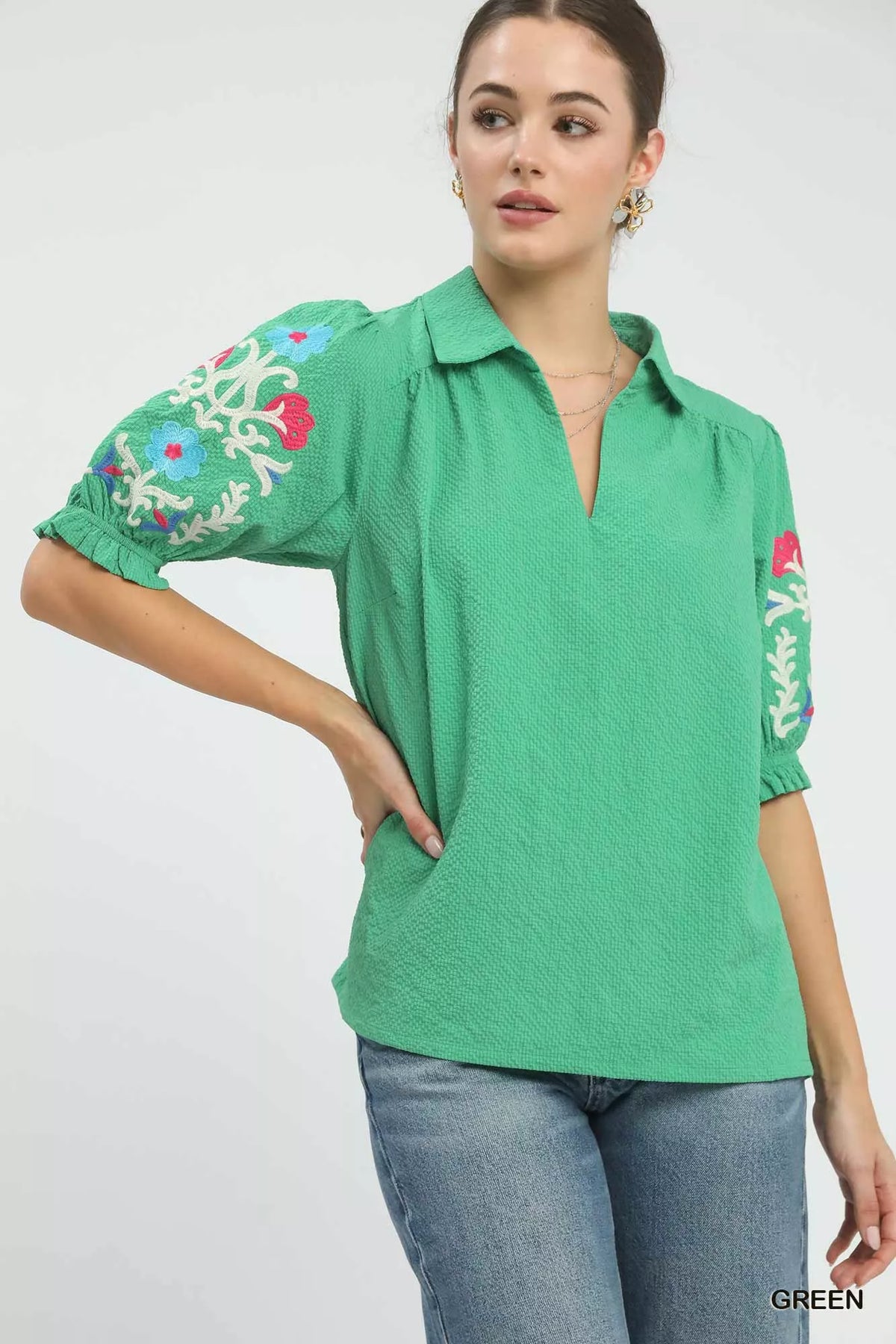 Umgee Seersucker Embroidered Sleeve Blouse