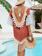 Backless Tassel Hem V-Neck Cover-Up