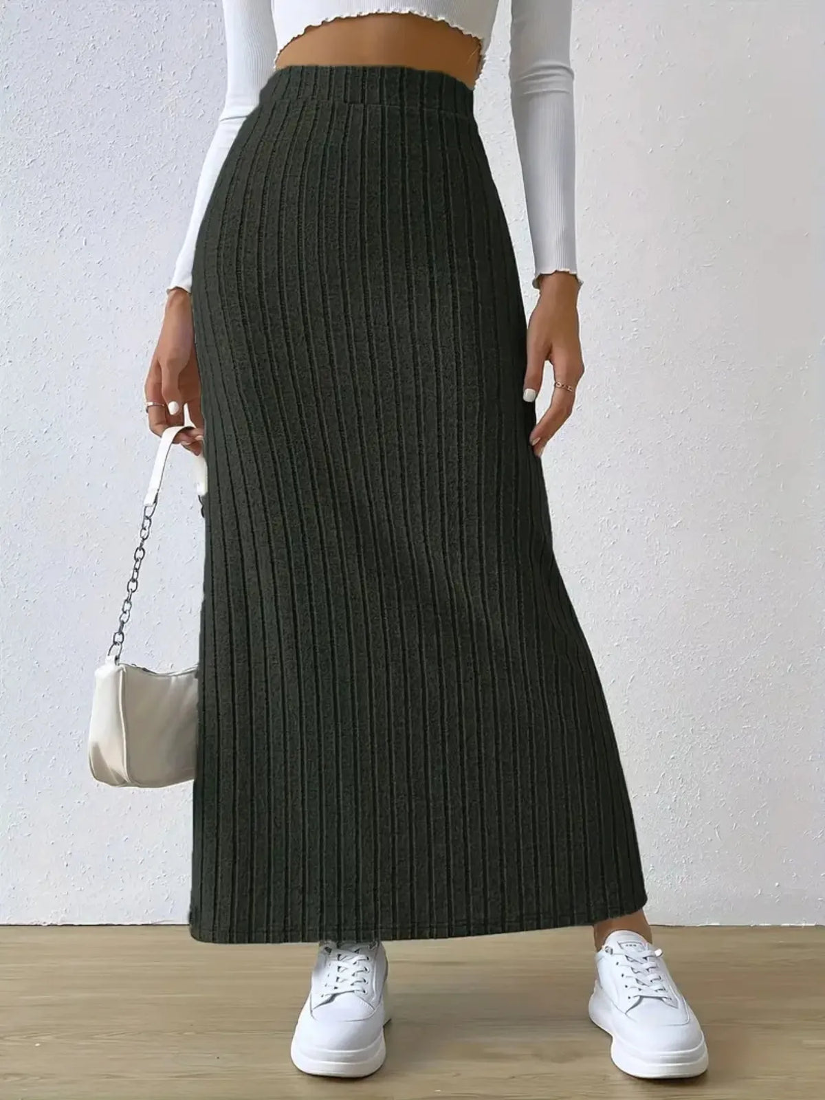 High Waist Ribbed Knit Maxi Skirt