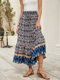 Bohemian Printed Ruched Maxi Skirt