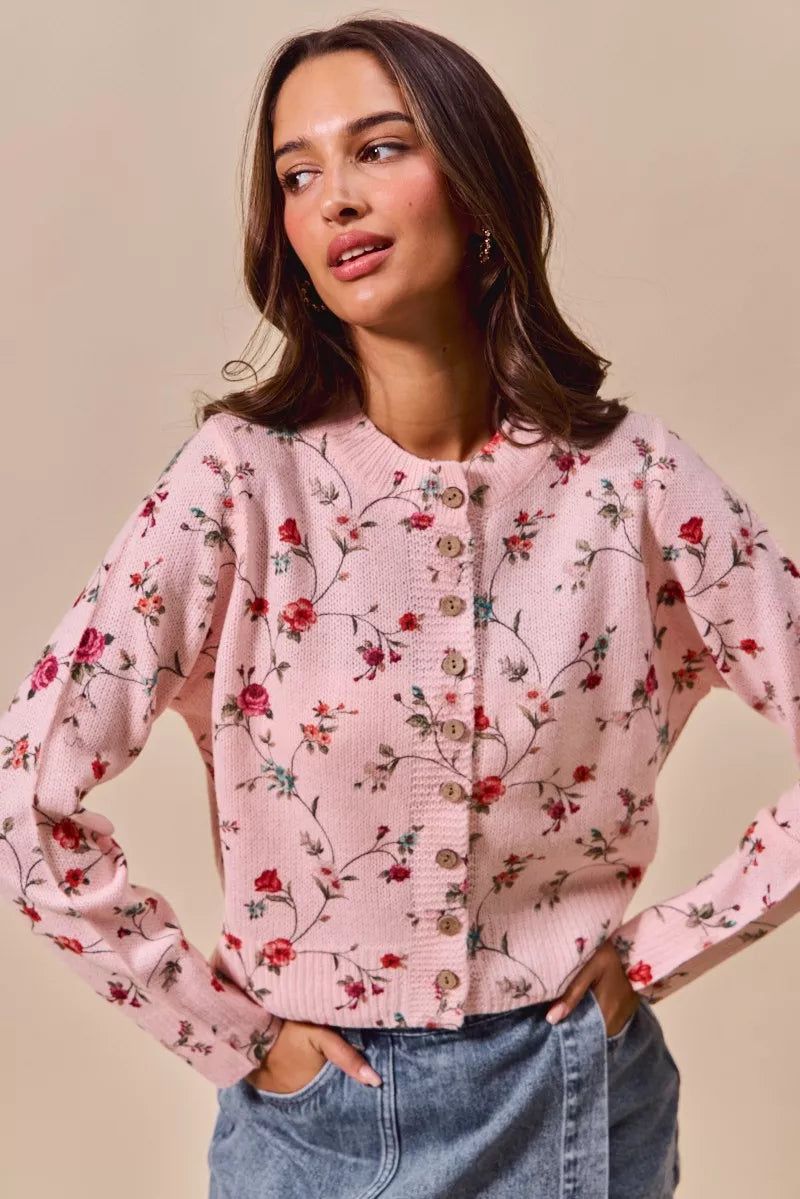 SO ME Floral Print Button Front Sweater Cardigan Top