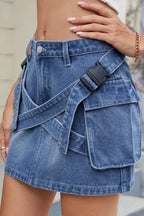 Criss-Cross Waist Detail Denim Mini Skirt