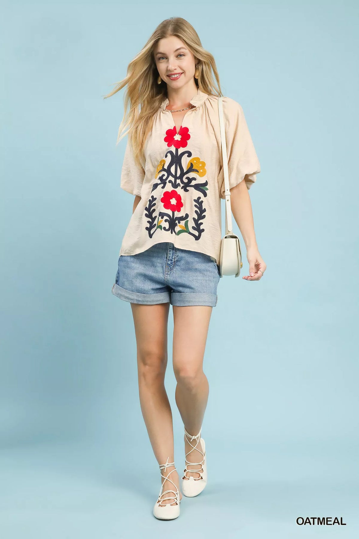 Umgee Embroidered Boho Puff Sleeve Blouse