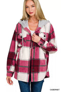 Zenana Plaid Drawstring Hooded Fleece Shacket