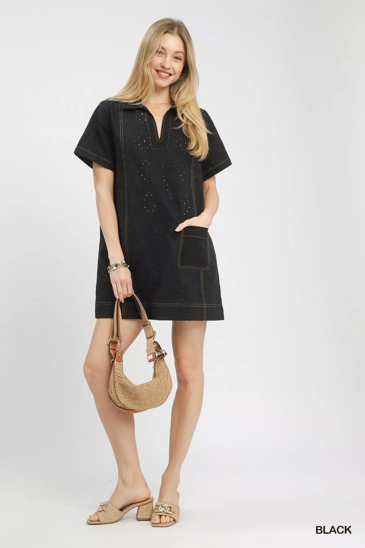 Umgee Eyelet Short Sleeve Shift Dress with Pocket