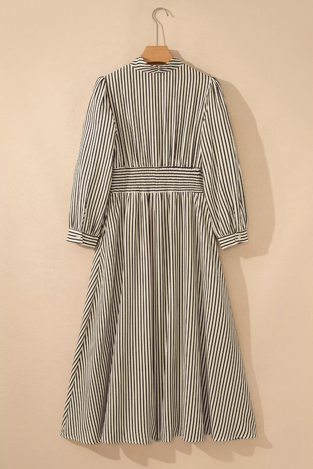 Stripe V Neck Zip Front Cinched High Waist Midi Dress