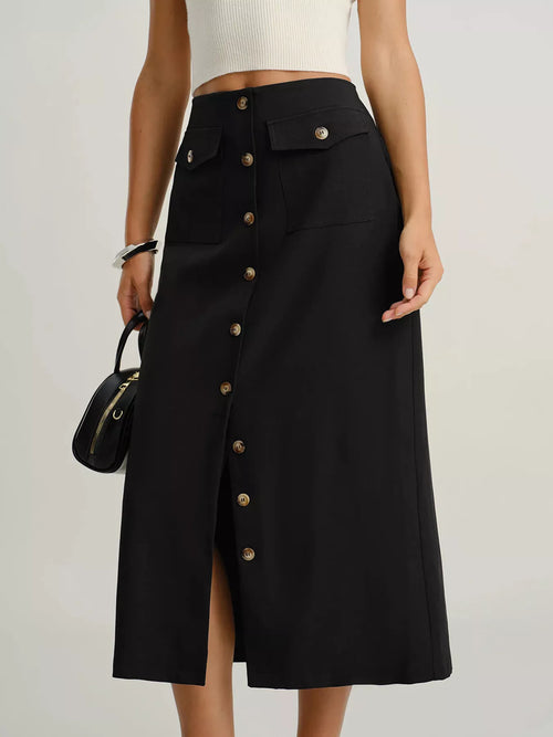 Button-Front Midi Skirt with Pockets