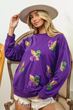 BiBi Fleur De Lis Sequin Patches Mardi Gras Sweatshirt