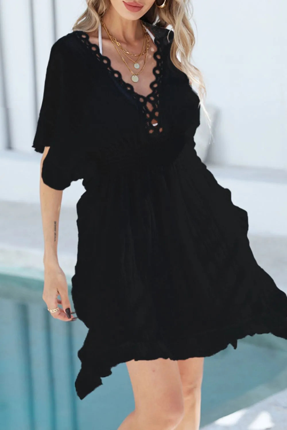 Ruffled Smocked Waist V-Neck Cover-Up