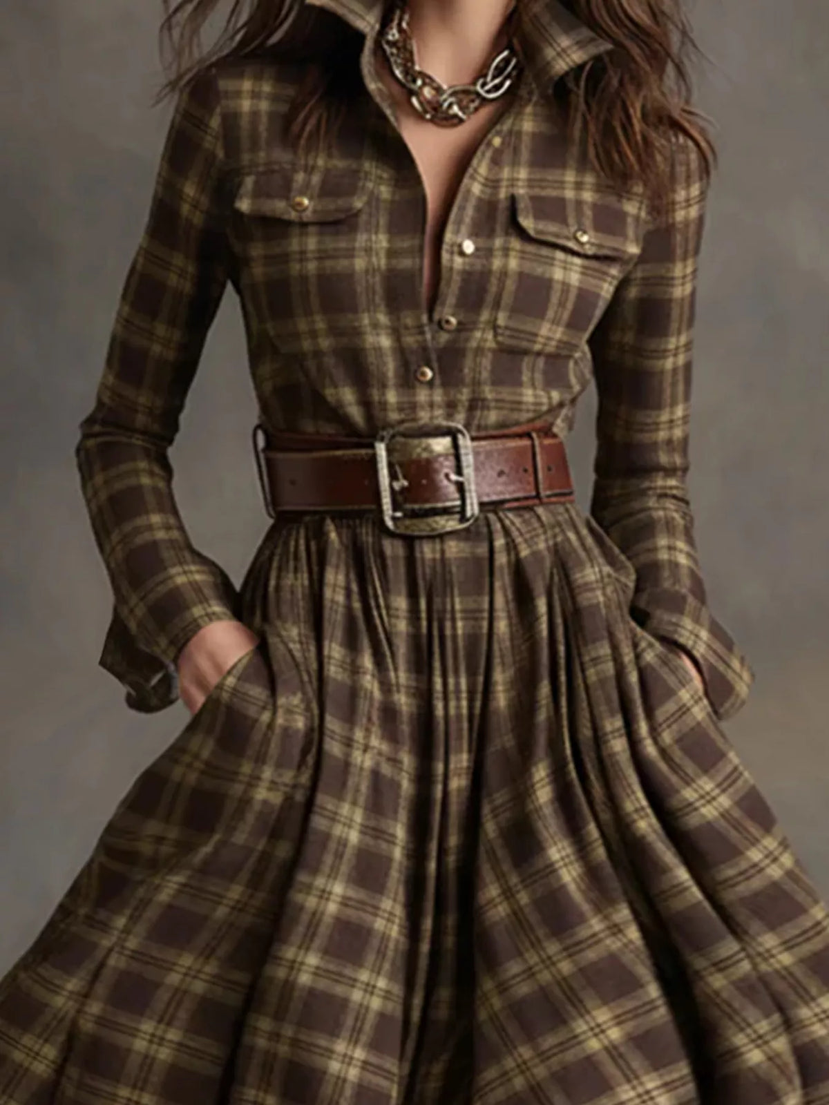 Plaid Button Front Maxi Shirt Dress