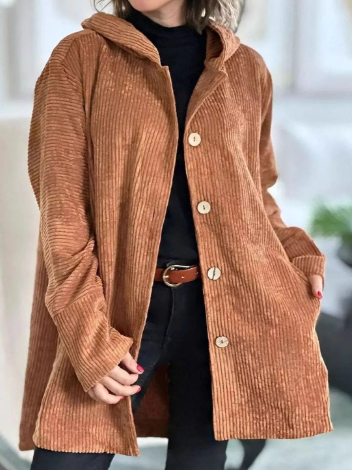 Full Size Corduroy Button Up Hooded Jacket Plus Size