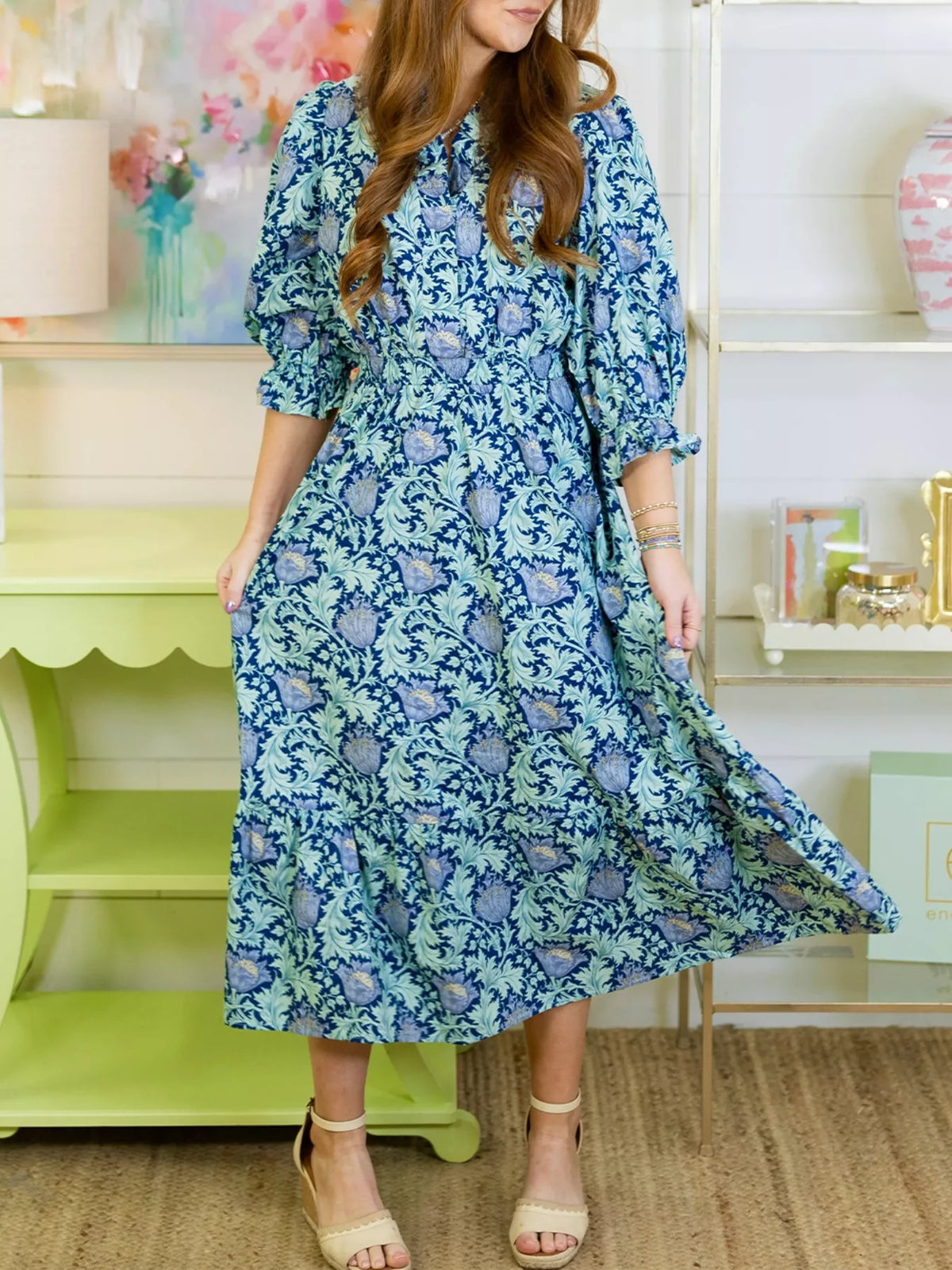 Floral Print Midi Dress with Puff Sleeves