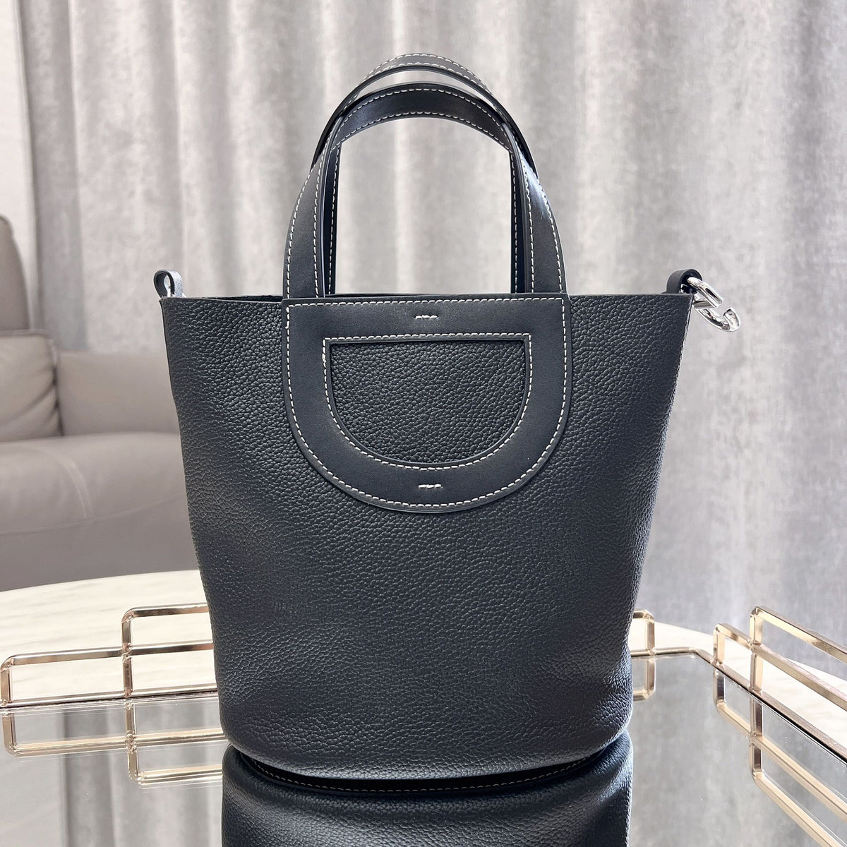 Pebbled Leather D-Pocket Bucket Handbag