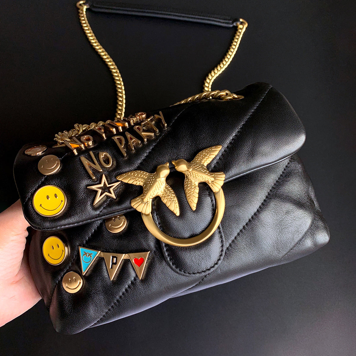 Genuine Leather Quilted Love Birds Crossbody Bag
