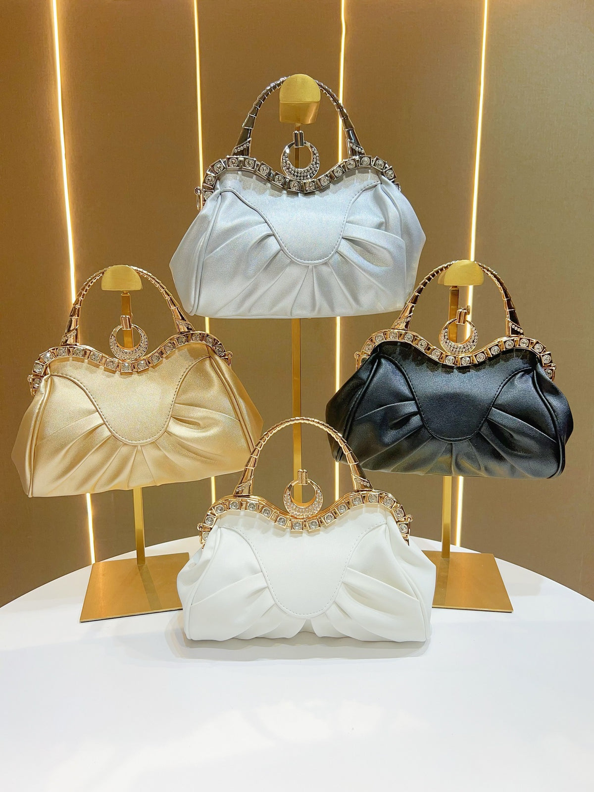 Elegant Pleated Evening Handbag with Crystals