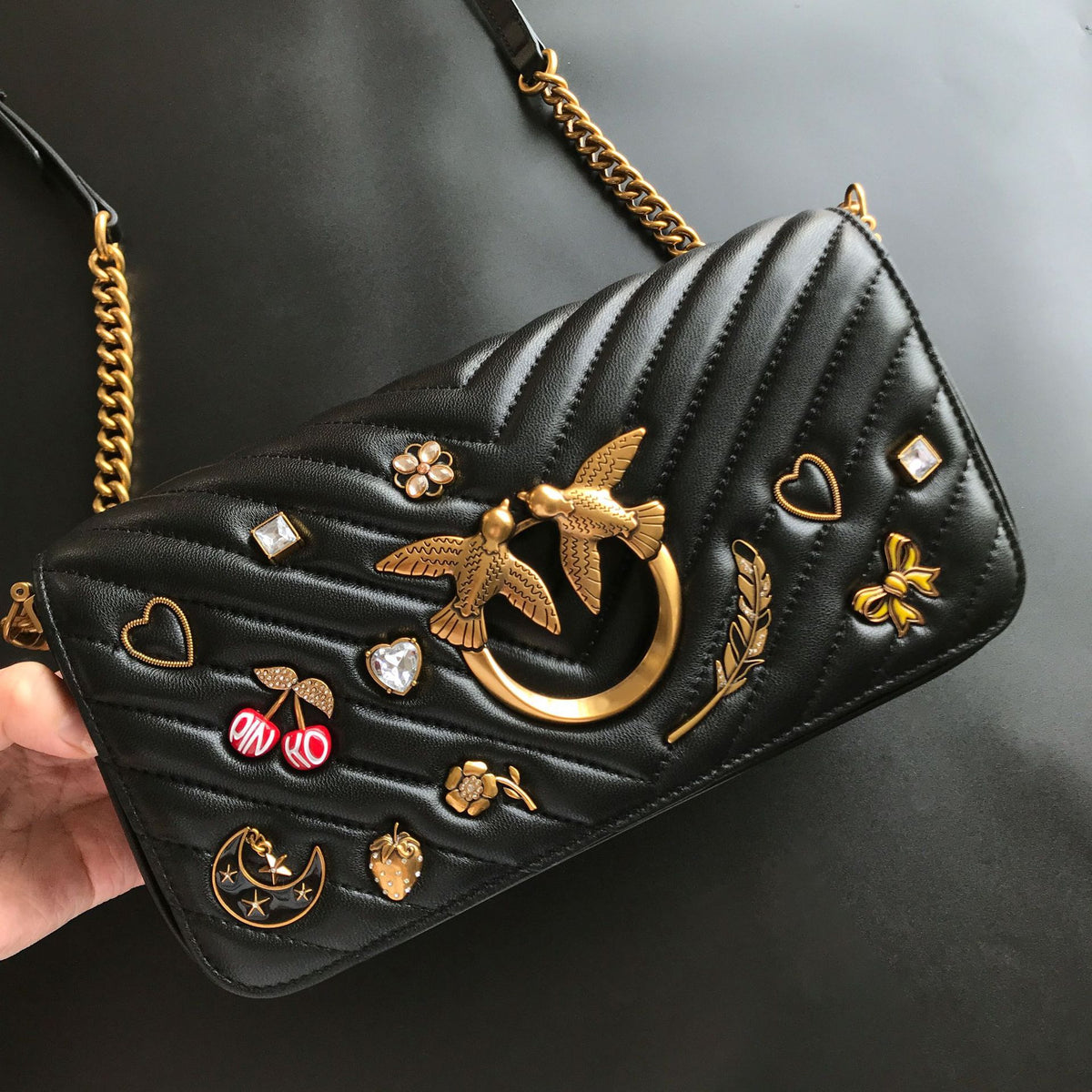 Genuine Leather Quilted Love Birds Crossbody Bag