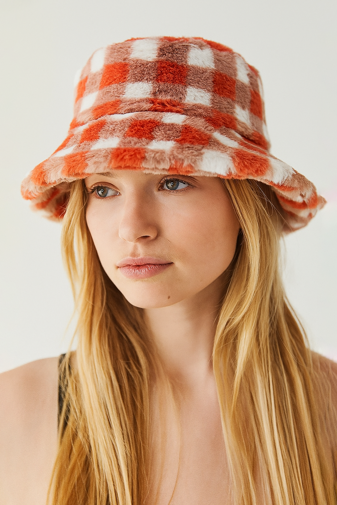 Checkered Faux Fur Bucket Hat