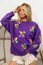 BiBi Fleur De Lis Sequin Patches Mardi Gras Sweatshirt
