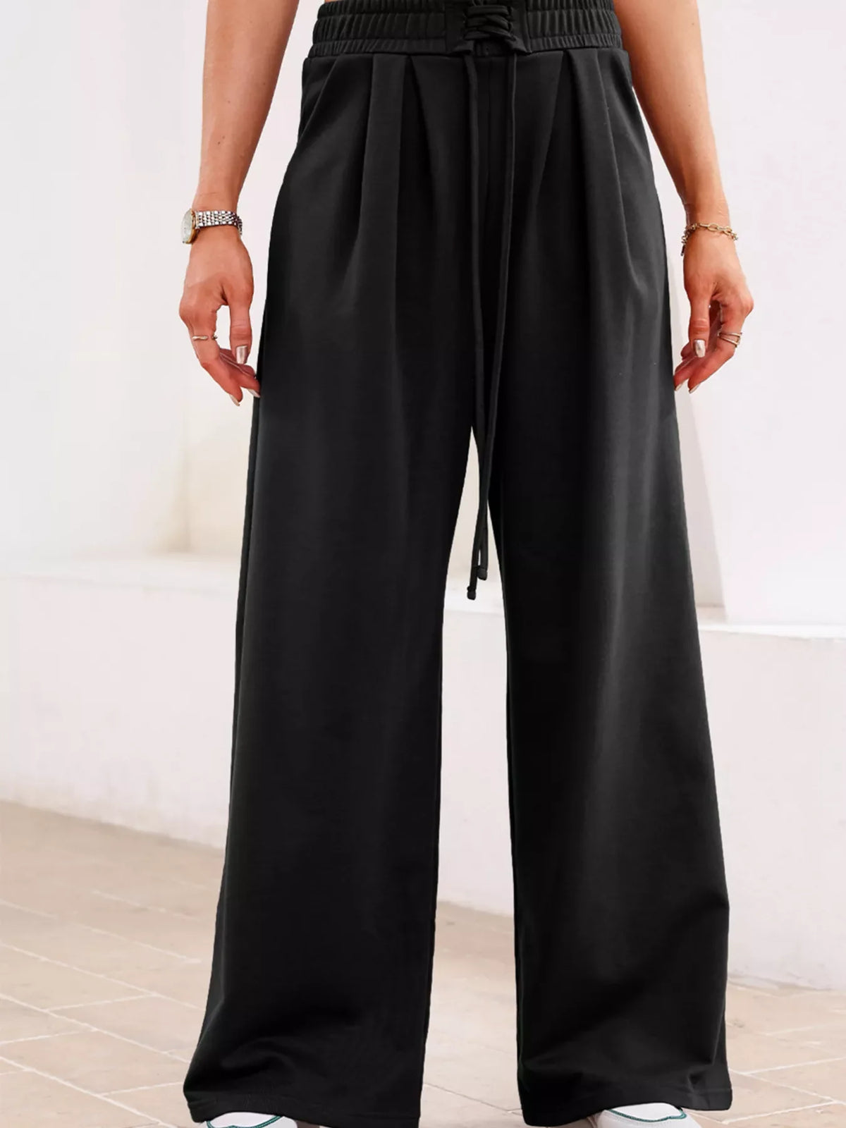 Tied Elastic High Waist Pleated Detail Solid Sweatpants